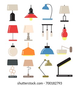 Chandeliers, modern lamps on desk and floor in light interior. Vector illustrations in flat style