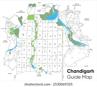 Chandigarh detaillierter Kartenvektor. Hauptstadt von punjab und haryana. Weiße Karte des Gebiets der Union mit See, Sektoren und Kolonien