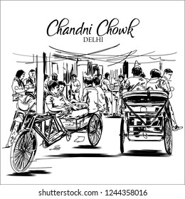 Chandni Chowk Old Delhi Sketch Vector Illustration