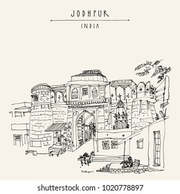 Chandpole gate in Jodhpur Blue City, Rajasthan, India. Artistic travel sketch. Hand drawn postcard, poster, book illustration in vector