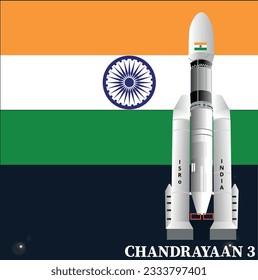 Chandrayaan indian rocket illustration.Chandrayaan rocket mission launched by India with tricolor Indian flag