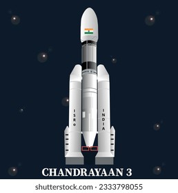 Chandrayaan indian rocket vector illustration.Chandrayaan rocket mission launched by India 2023 with tricolor Indian flag