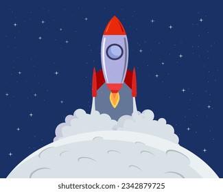 Chandrayaan aterrizó en el lanzamiento de un cohete lunar en el espacio con nubes de humo en el cielo oscuro