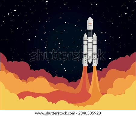 Chandrayaan rocket launch vector illustration, starting space rocket with smoke clouds on dark night sky background | ISRO