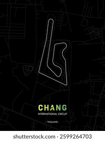 Chang International Circuit minimalist poster map in dark theme. Thailand Grand Prix race track for decorative.