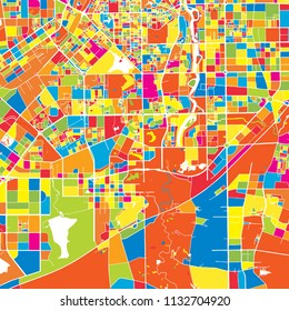 Changchun, China, colorful vector map.  White streets, railways and water. Bright colored landmark shapes. Art print pattern.