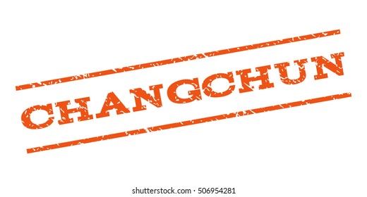 Changchun watermark stamp. Text tag between parallel lines with grunge design style. Rubber seal stamp with dirty texture. Vector orange color ink imprint on a white background.