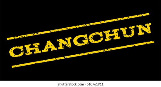 Changchun watermark stamp. Text tag between parallel lines with grunge design style. Rubber seal stamp with unclean texture. Vector yellow color ink imprint on a blue background.