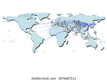 Changchun-China in concept vector illustration, map showing flights from Changchun-China to major cities around the world.