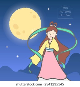 Chang'e admires the moon on a starry night to celebrate the arrival of the Mid-Autumn Festival