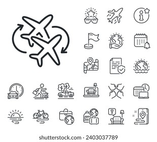 Cambiar el signo del avión. Iconos del contorno del avión, el mapa de viajes y la reclamación de equipaje. Icono de la línea de vuelo de conexión. Símbolo del aeropuerto. Conexión de la señal de la línea de vuelo. Alquiler de coches, icono del transporte de taxis. Vector