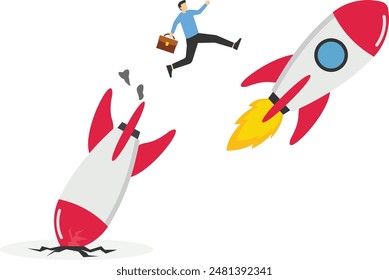 Change to better company, innovation to help success or career change to new path, alternative way or direction concept, ambitious businessman jump from old origami airplane to growing up rocket.

