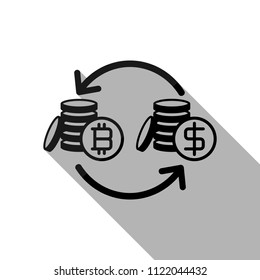 change bitcoin icon. Black object with long shadow on white background