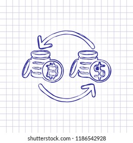 change bitcoin icon. Hand drawn picture on paper sheet. Blue ink, outline sketch style. Doodle on checkered background