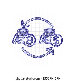 change bitcoin icon. Hand drawn sketched picture with scribble fill. Blue ink. Doodle on white background