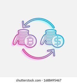 change bitcoin icon. Technology logo with diagonal lines and colored gradient. Neon graphic, light effect. Blue and red colors