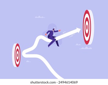 Change business direction, leadership decision to change to success, turning point or different way to reach target concept, businessman riding arrow changing direction to the right target