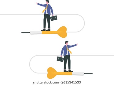 Change business direction, leadership decision to change to success, turning point or different way to reach target concept, confident businessman riding dart changing direction to the right target.

