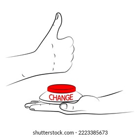 CHANGE button is in palm of your hand, other hand shows a thumbs up. Personal development and career growth. Readiness for changes in life. Decision to start a new life. Concept of change management