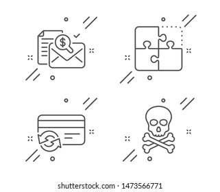 Change card, Accounting report and Puzzle line icons set. Chemical hazard sign. Payment method, Check finance, Engineering strategy. Toxic death. Business set. Line change card outline icon. Vector