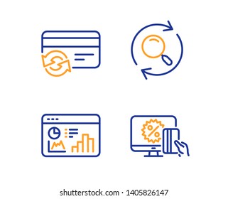 Change card, Seo statistics and Search icons simple set. Online shopping sign. Payment method, Analytics chart, Find results. Black friday. Technology set. Linear change card icon. Colorful design set