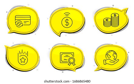 Change card sign. Diploma certificate, save planet chat bubbles. Loyalty star, Contactless payment and Currency line icons set. Bonus reward, Financial payment, Euro and usd. Finance set. Vector