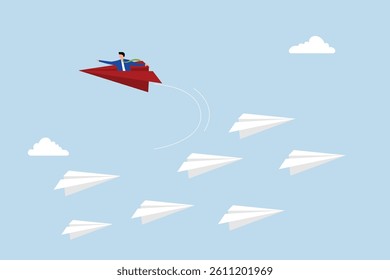 Change career path, businessman flying origami airplane change direction.