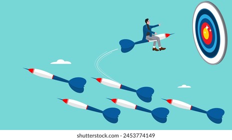 Change career path or difference direction with businessman riding the dart changed its flight direction towards business goals, change business strategy, leadership to choose a path to success
