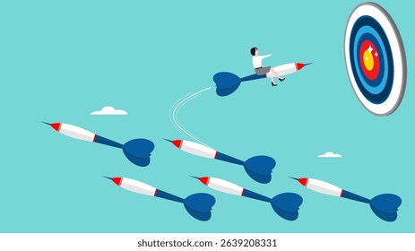 Change career path or difference direction with businesswoman riding the dart changed its flight direction towards business goals, change business strategy, leadership to choose a path to success