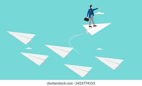 change career path in a different direction, businessman riding paper plane changed its flight direction, leadership to choose a path to success, change business strategy, courage to see opportunities