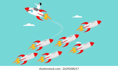 change career path in a different direction, courage to see opportunities, leadership to choose a path to success, change business strategy, woman riding the rocket changed its flight direction