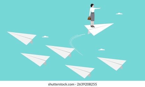 change career path in a different direction, woman riding paper plane changed its flight direction, leadership to choose a path to success, change business strategy, courage to see opportunities