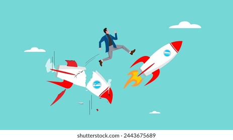 change career path, move to new business opportunity to achieve career success, determination to progress or career growth, smart businessman jumps from a broken startup business rocket to a new one