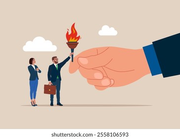 Change CEO to achieve goal and win. Baton pass torch to successor. Flat vector illustration