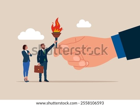 Change CEO to achieve goal and win. Baton pass torch to successor. Flat vector illustration