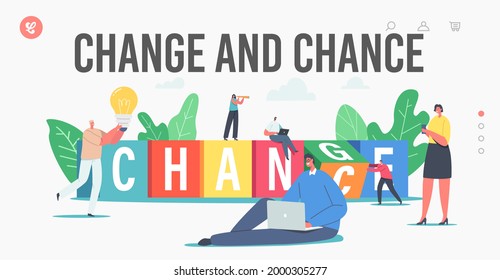Change and Chance Landing Page Template. Tiny Business Characters Have Creative Idea or Vision for Project. People with Huge Light Bulb, Woman Look in Spyglass. Cartoon Vector Illustration