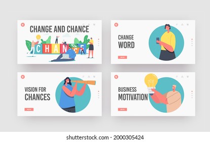 Change and Chance Landing Page Template Set. Tiny Business Characters Have Idea or Vision for Creative Project. People with Huge Light Bulb, Woman Look in Spyglass. Cartoon Vector Illustration