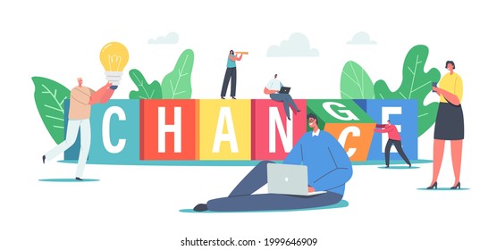 Change and Chance, Opportunity Concept, Tiny Business Characters Have Creative Idea or Vision for Creative Project. People with Huge Light Bulb, Woman Look in Spyglass. Cartoon Vector Illustration