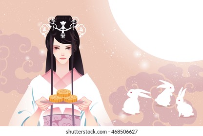 Chang'e the Chinese Moon Goddess with moon cake and white rabbits. Vector illustration mid autumn festival. Close up. Pink background. 16:10 aspect ratio for design wallpaper, advertising banner.