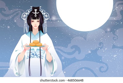 Chang'e the Chinese Moon Goddess with moon cake. Vector illustration mid autumn festival. Close up. Blue night sky background. For design wallpaper, advertising banner.