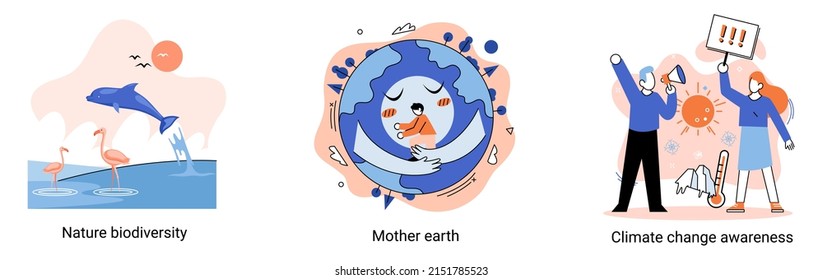 Change climate awareness, saving planet, World Environment Day, global warming ecological problems. Mother Earth day, nature biodiversity metaphor set. Care for surroundings eco concept