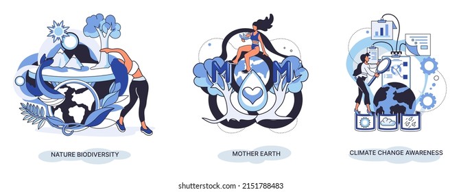 Change climate awareness, saving planet, World Environment Day, global warming ecological problems. Mother Earth day, nature biodiversity metaphor set. Care for surroundings eco concept