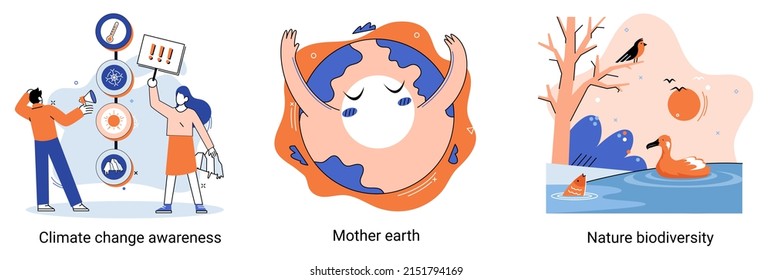 Change climate awareness, saving planet, World Environment Day, global warming ecological problems. Mother Earth day, nature biodiversity metaphor set. Care for surroundings eco concept