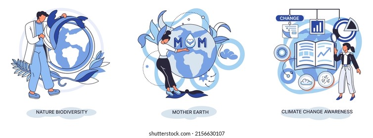 Change climate awareness, saving planet, World Environment Day, global warming ecological problems. Mother Earth day, nature biodiversity metaphor set. Care for surroundings eco concept