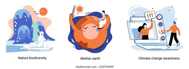 Change climate awareness, saving planet, World Environment Day, global warming ecological problems. Mother Earth day, nature biodiversity metaphor set. Care for surroundings eco concept
