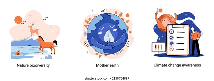 Change climate awareness, saving planet, World Environment Day, global warming ecological problems. Mother Earth day, nature biodiversity metaphor set. Care for surroundings eco concept