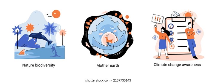 Change climate awareness, saving planet, World Environment Day, global warming ecological problems. Mother Earth day, nature biodiversity metaphor set. Care for surroundings eco concept
