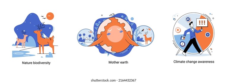 Change climate awareness, saving planet, World Environment Day, global warming ecological problems. Mother Earth day, nature biodiversity metaphor set. Care for surroundings eco concept