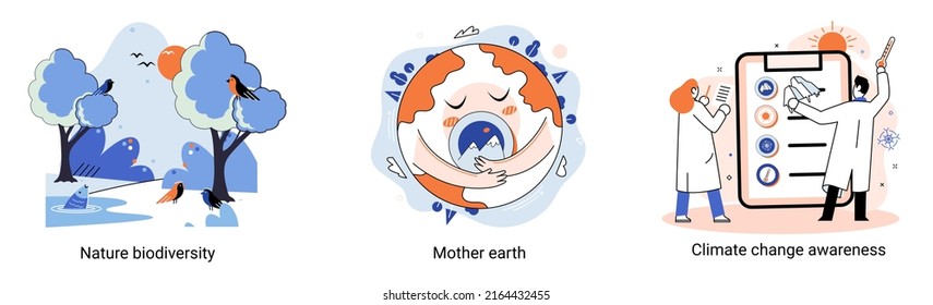 Change climate awareness, saving planet, World Environment Day, global warming ecological problems. Mother Earth day, nature biodiversity metaphor set. Care for surroundings eco concept