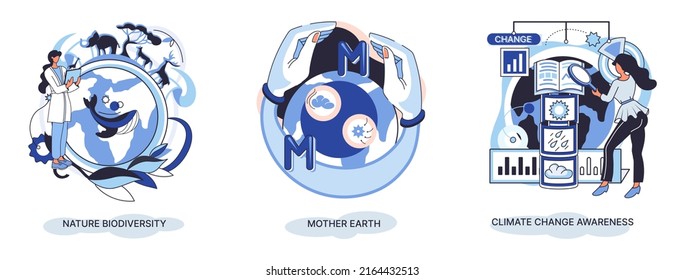 Change climate awareness, saving planet, World Environment Day, global warming ecological problems. Mother Earth day, nature biodiversity metaphor set. Care for surroundings eco concept